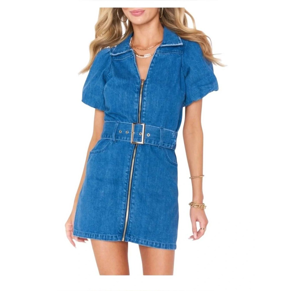 Show Me Your Mumu Oxford Mini Dress Womens Medium Blue Denim Puff Sleeve Belted